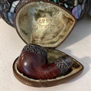 Antique C.P.F. Sterling Silver Shamrock Colossus rosewood pipe & Snakeskin case